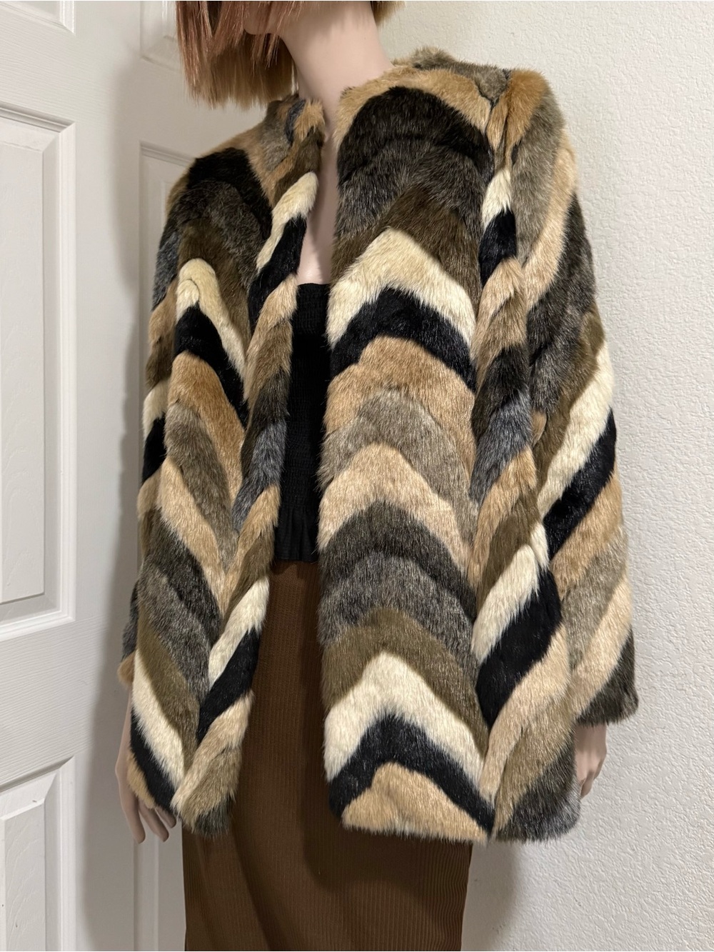 AMUSE SOCIETY Waylon Faux Fur Chevron Pattern Coat Jacket Size M